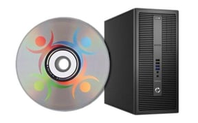 CD con el logotipo de Userful junto a una torre de PC Hewlett-Packard