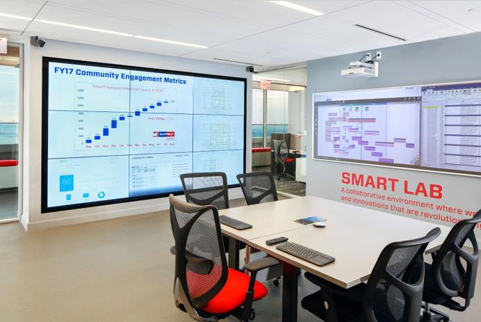 Sala de reuniones vacía del Suffolk Smart Lab con mesa, sillas y paredes de vídeo en las que se muestran diversos documentos, datos y cuadros de mando de los KPI