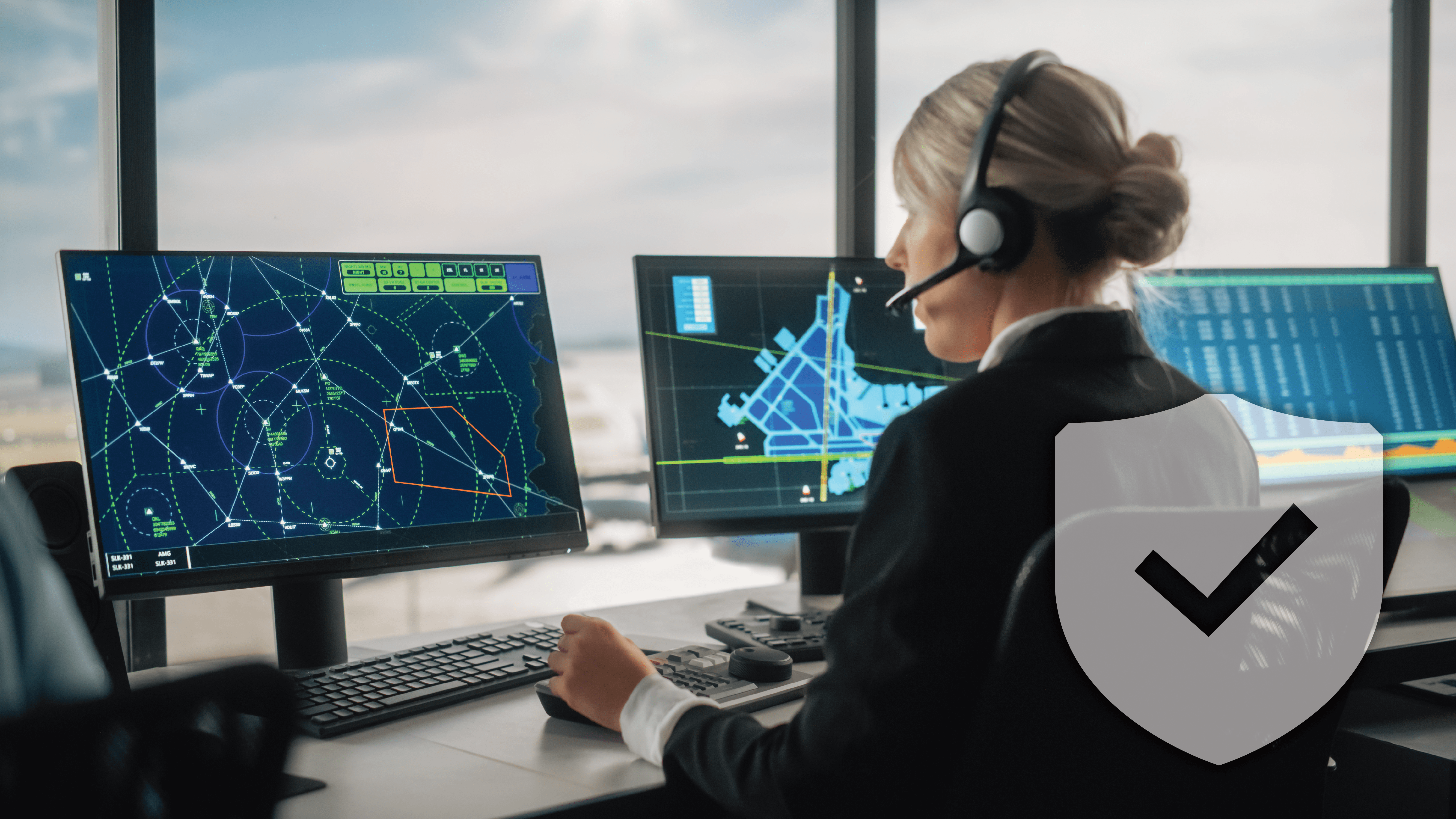 "Una controladora de tráfico aéreo con auriculares supervisa varias pantallas de radar y de disposición de aeropuertos en una torre de control. Utiliza un joystick y un teclado para supervisar las trayectorias de vuelo de los aviones y las operaciones aeroportuarias. Un icono de escudo transparente con una marca de verificación superpuesta simboliza la seguridad y la fiabilidad del sistema."