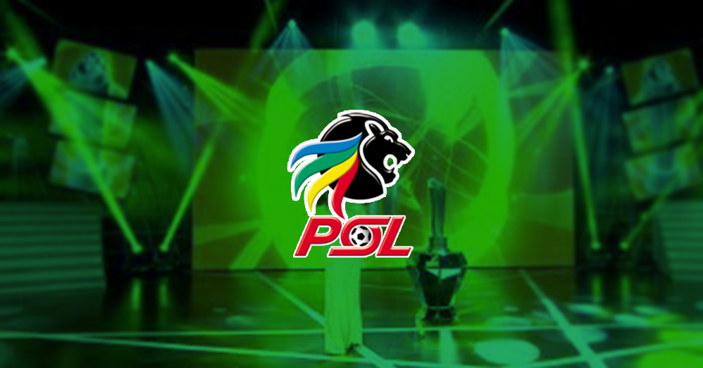 Host on the stage of the Premier Soccer League Awards, with video walls displaying background visuals with green overlay and logo