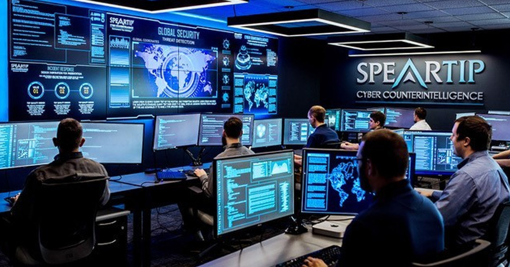 Centro de operaciones de seguridad de contrainteligencia de Speartip con paredes de vídeo que muestran datos, y trabajadores en puestos de trabajo