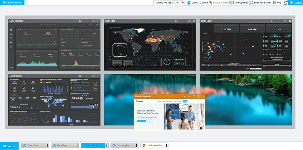 Plataforma guardada con interfaz gráfica de usuario (GUI) con 6 pantallas que muestran paneles de datos y una foto de un lago