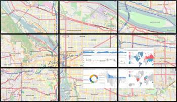 Videowall de 9 paneles que muestra un mapa con rutas y un panel de datos imagen sobre imagen