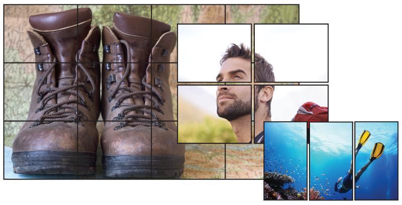 Videowall grande, que muestra una foto de botas en el bosque, videowall mediano, que muestra la cara de un hombre mientras hace senderismo, videowall pequeño que muestra a una persona buceando