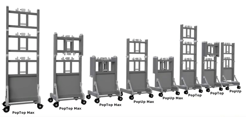 8 diferentes soportes modulares para centros comerciales de vídeo, que incluyen 3 PopTop Max, 2 PopUp Max, 2 PopTop, 1 PopUp