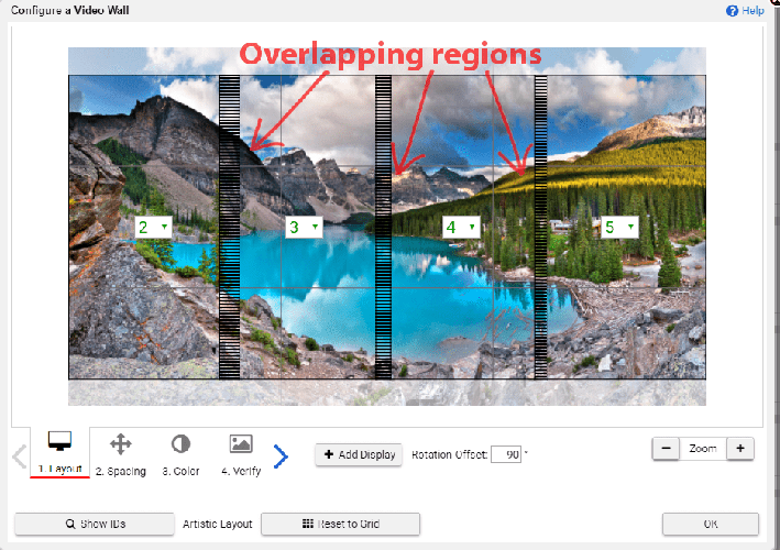 Regiones superpuestas de una foto resaltadas en la interfaz del configurador de videowalls de Userful 