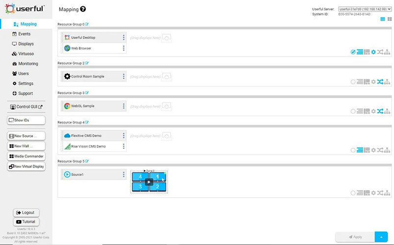 Interfaz de mapeo del gestor de usuarios, con diferentes grupos de recursos, incluido uno con una pared de vídeo