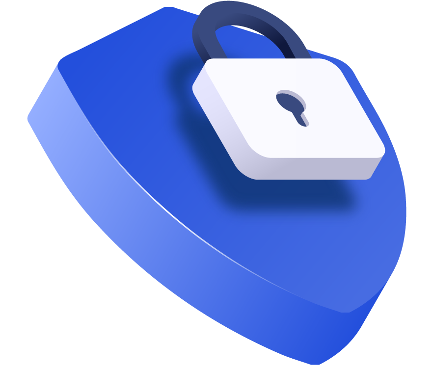 Escudo azul 3D inclinado, con una ilustración de seguridad de cerradura blanca inclinada